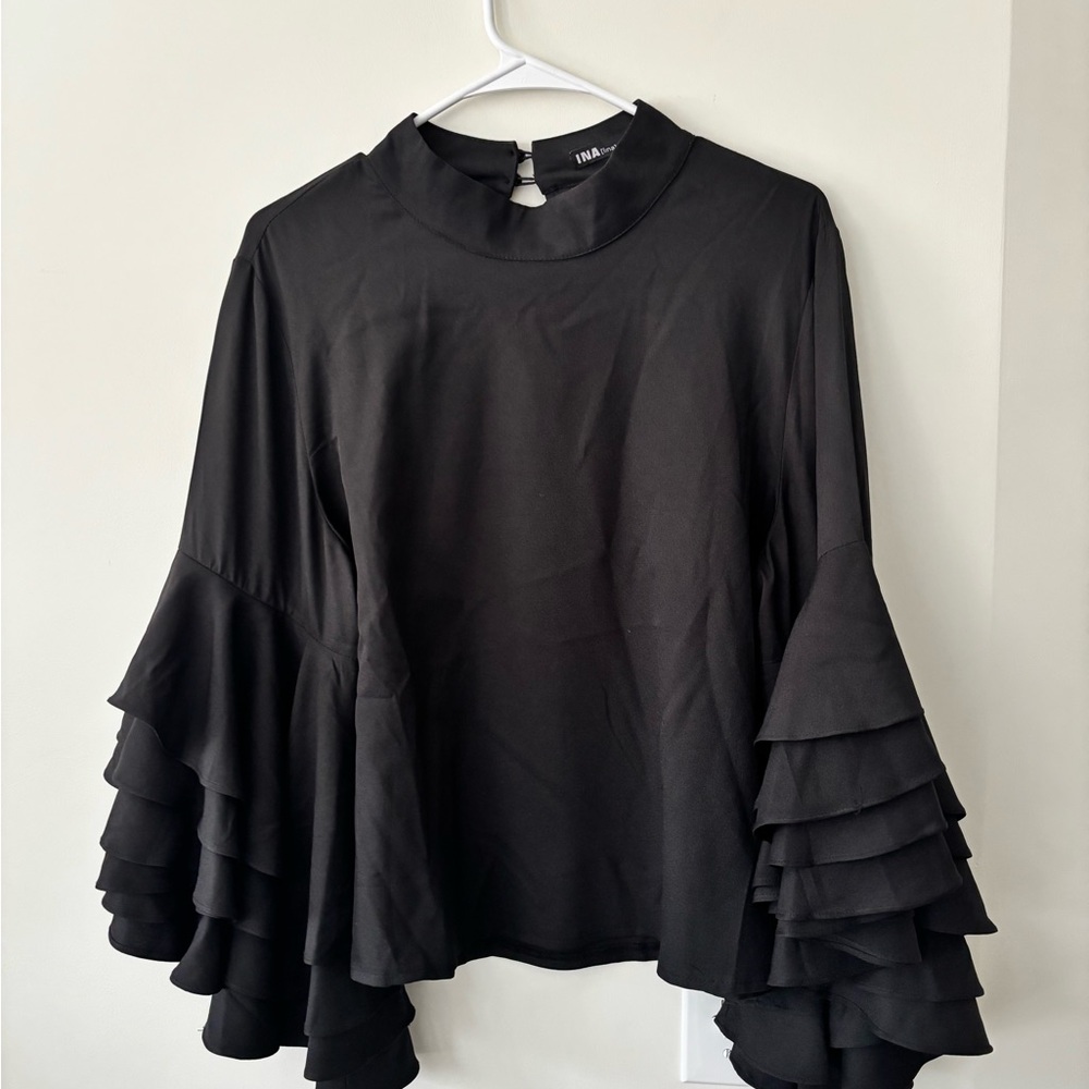 Ina Black Ruffled Bell Sleeve Blouse